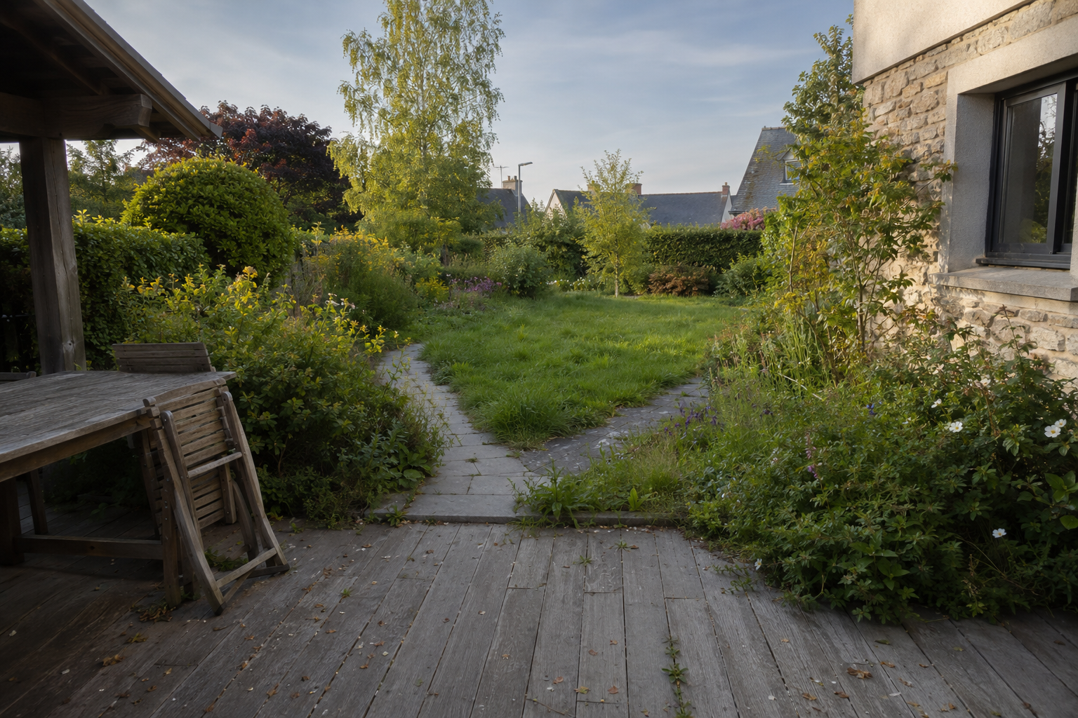 Mise en situation d'un jardin et d'une terrasse légèrement négligés avant de recevoir