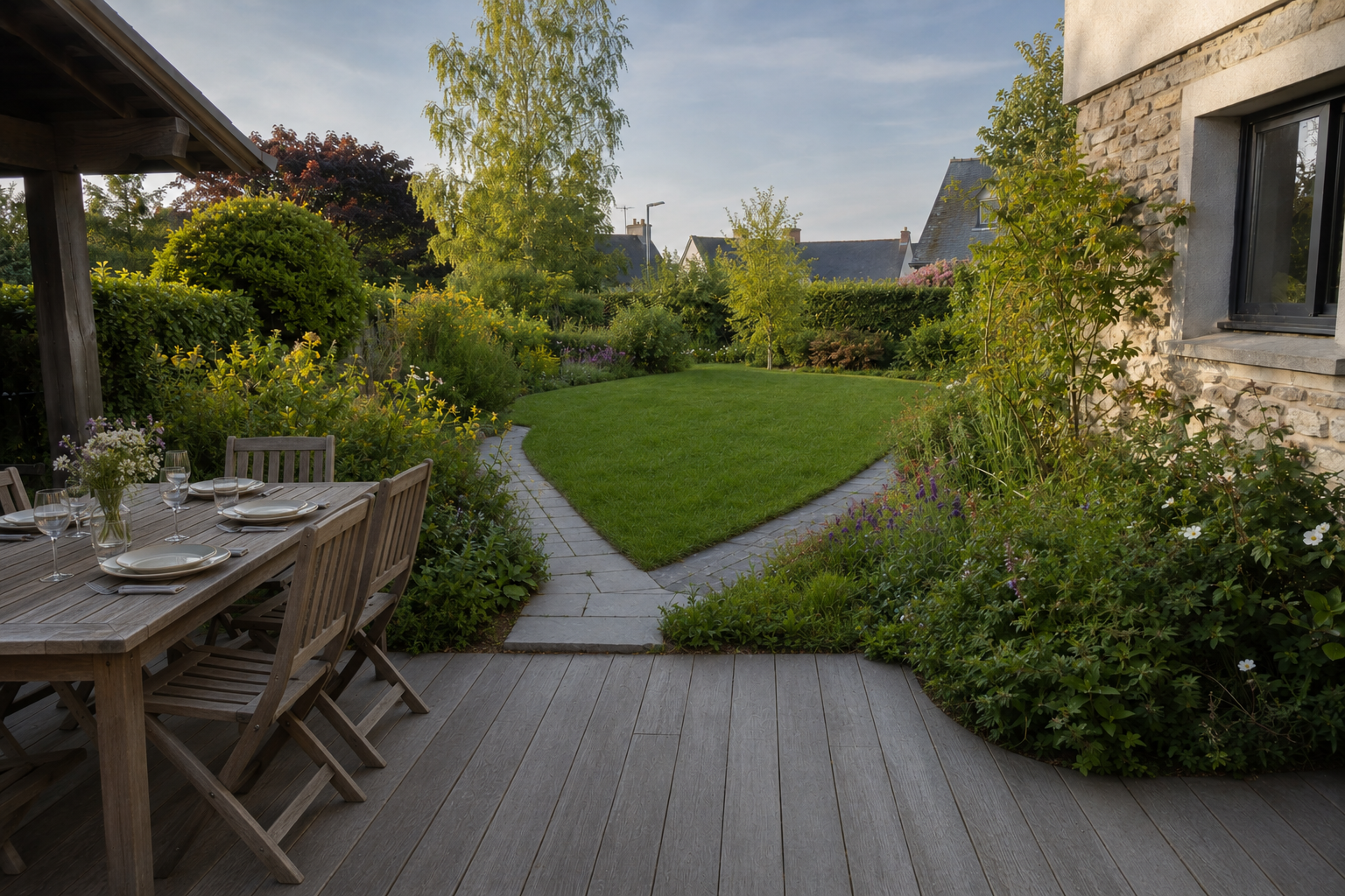 Mise en situation du même jardin remis au propre et prêt à recevoir