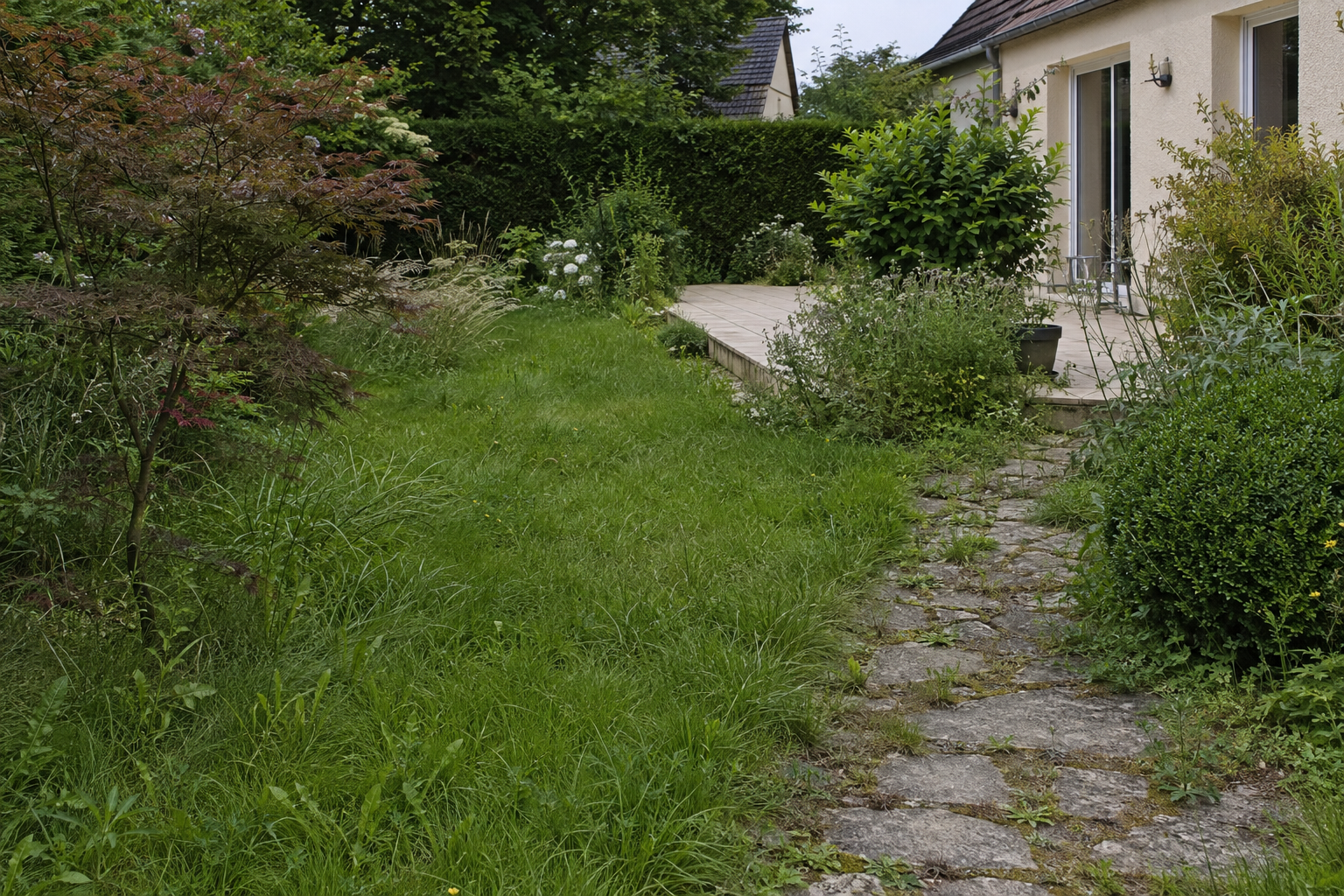 Mise en situation d'un jardin au retour de vacances avec pelouse haute et allée envahie