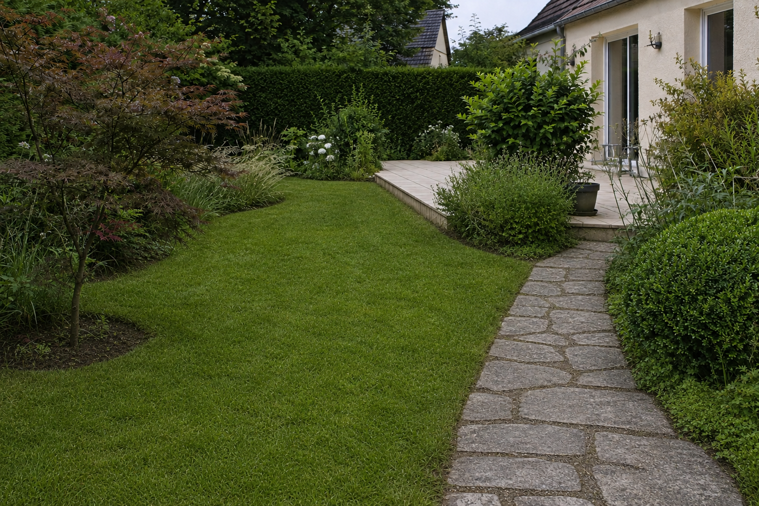 Mise en situation du même jardin après tonte, bordures et nettoyage de l'allée