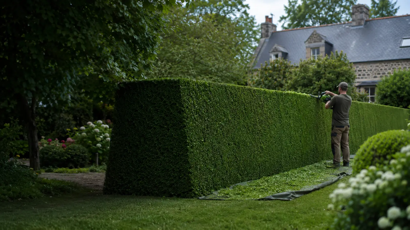 Paysagiste taillant une haie dense et droite dans un jardin près de Rouen