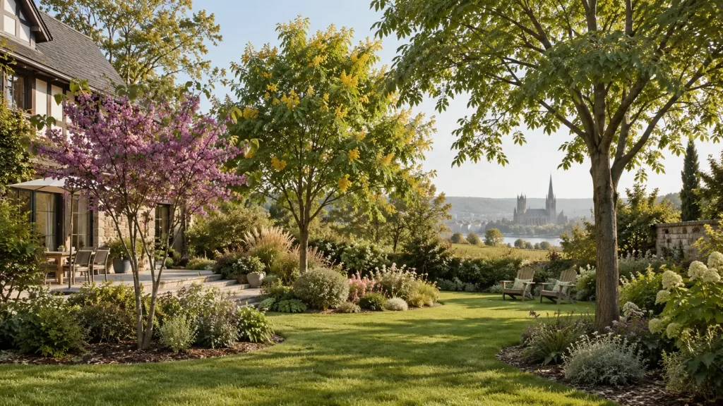 Jardin normand avec plusieurs arbres adaptés aux étés chauds