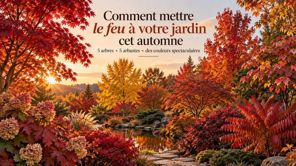 Jardin aux couleurs d'automne avec feuillages rouges, orange et dorés