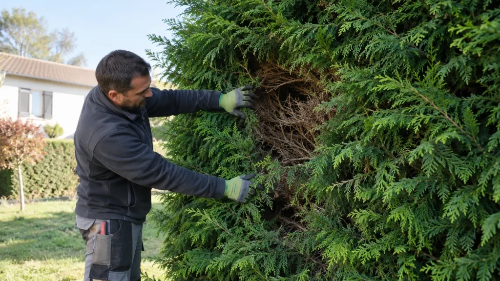 Haie de conifères trop large montrant le vieux bois sous le feuillage