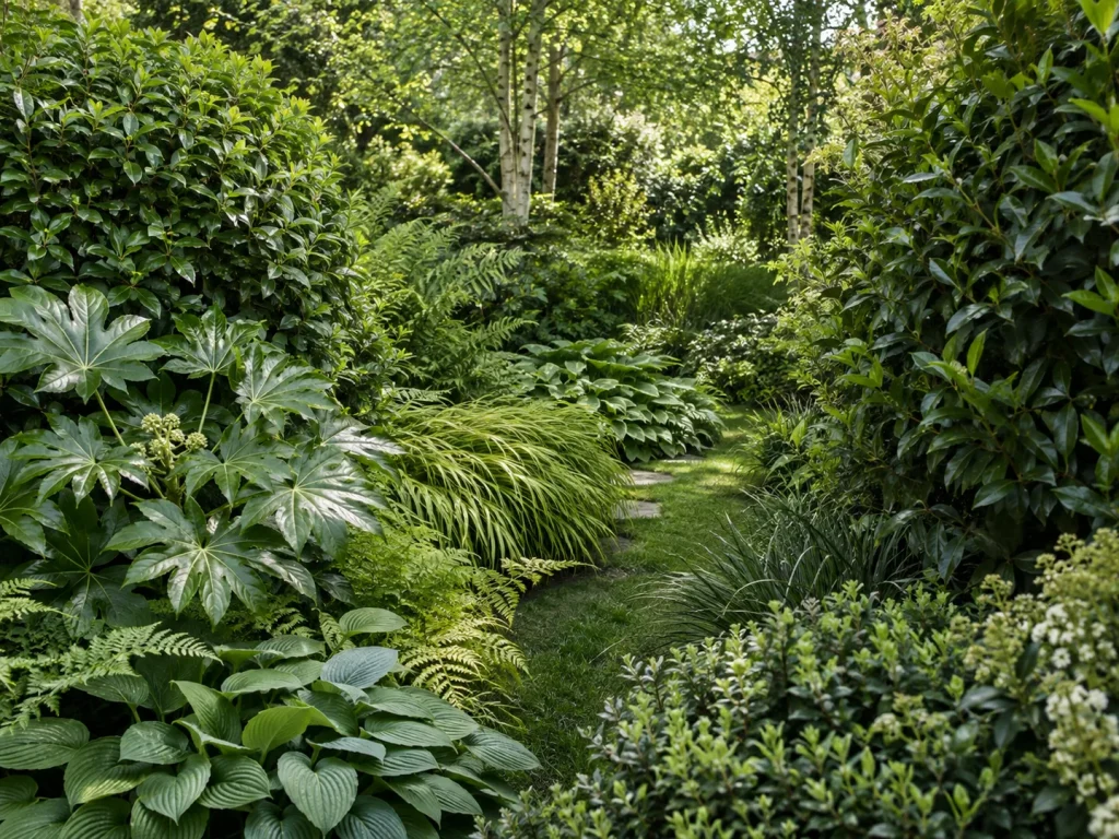 Jardin Bain de Vert aux feuillages denses, persistants et textures variées