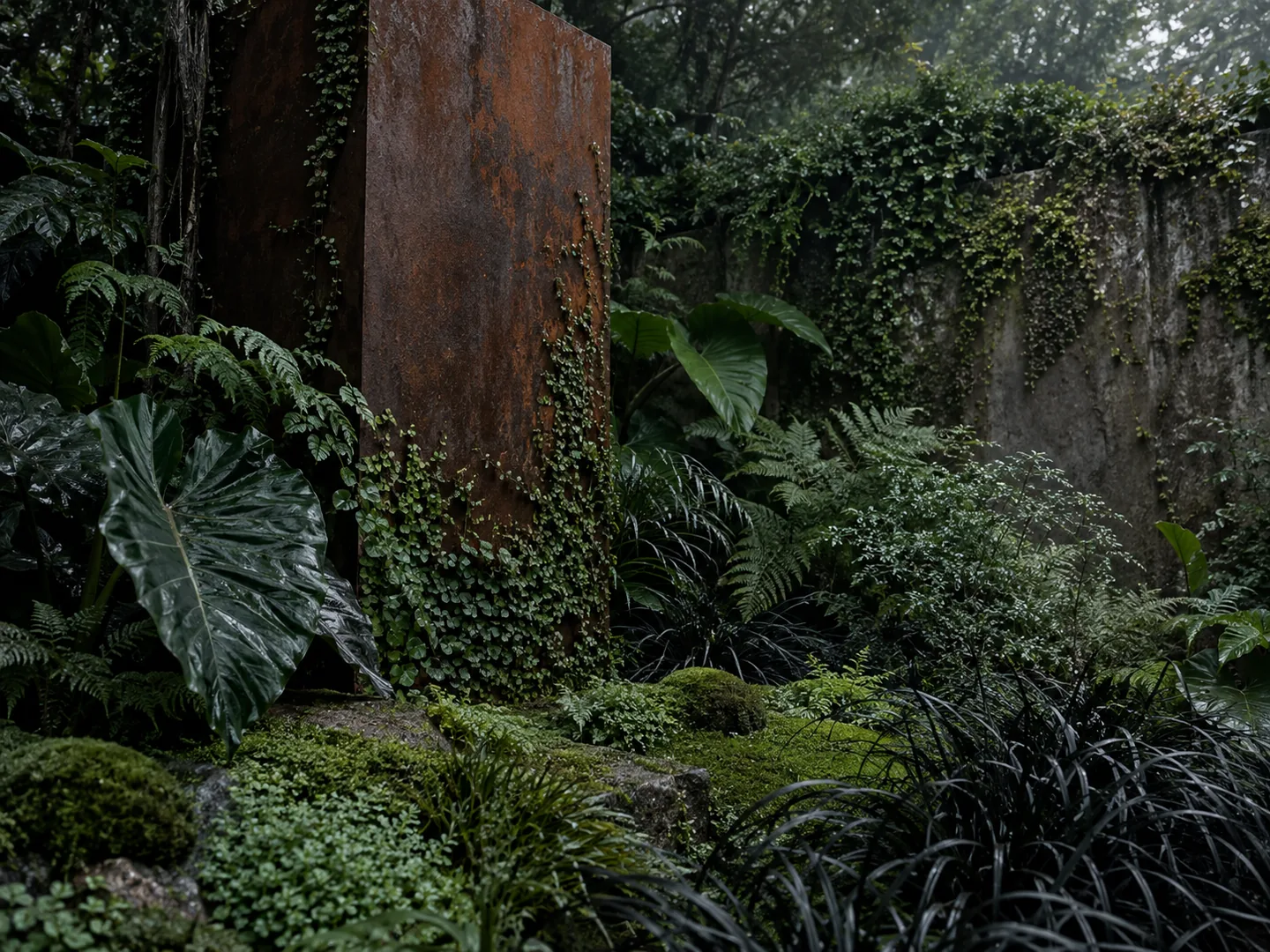 Composition végétale Brutalisme Vivant avec feuillages sombres et monolithe en acier corten