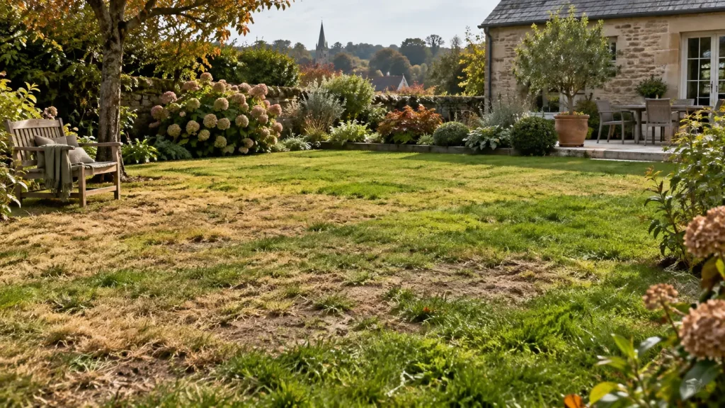Pelouse abîmée après l'été avec zones jaunes, clairsemées et vertes