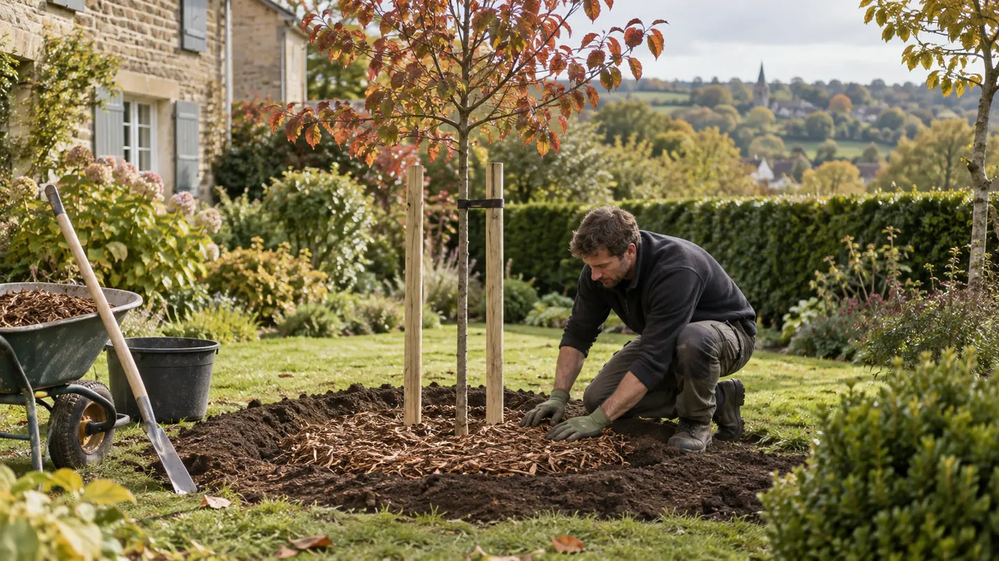 Plantation d'un jeune arbre avec cuvette d'arrosage et paillage en automne
