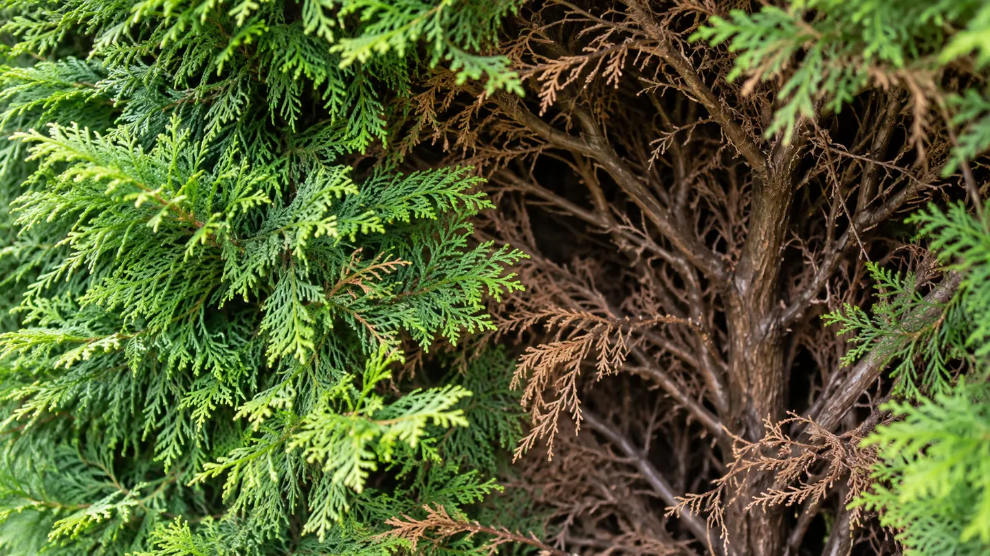 Vieux bois brun visible à l'intérieur d'une haie de thuya ou leylandii