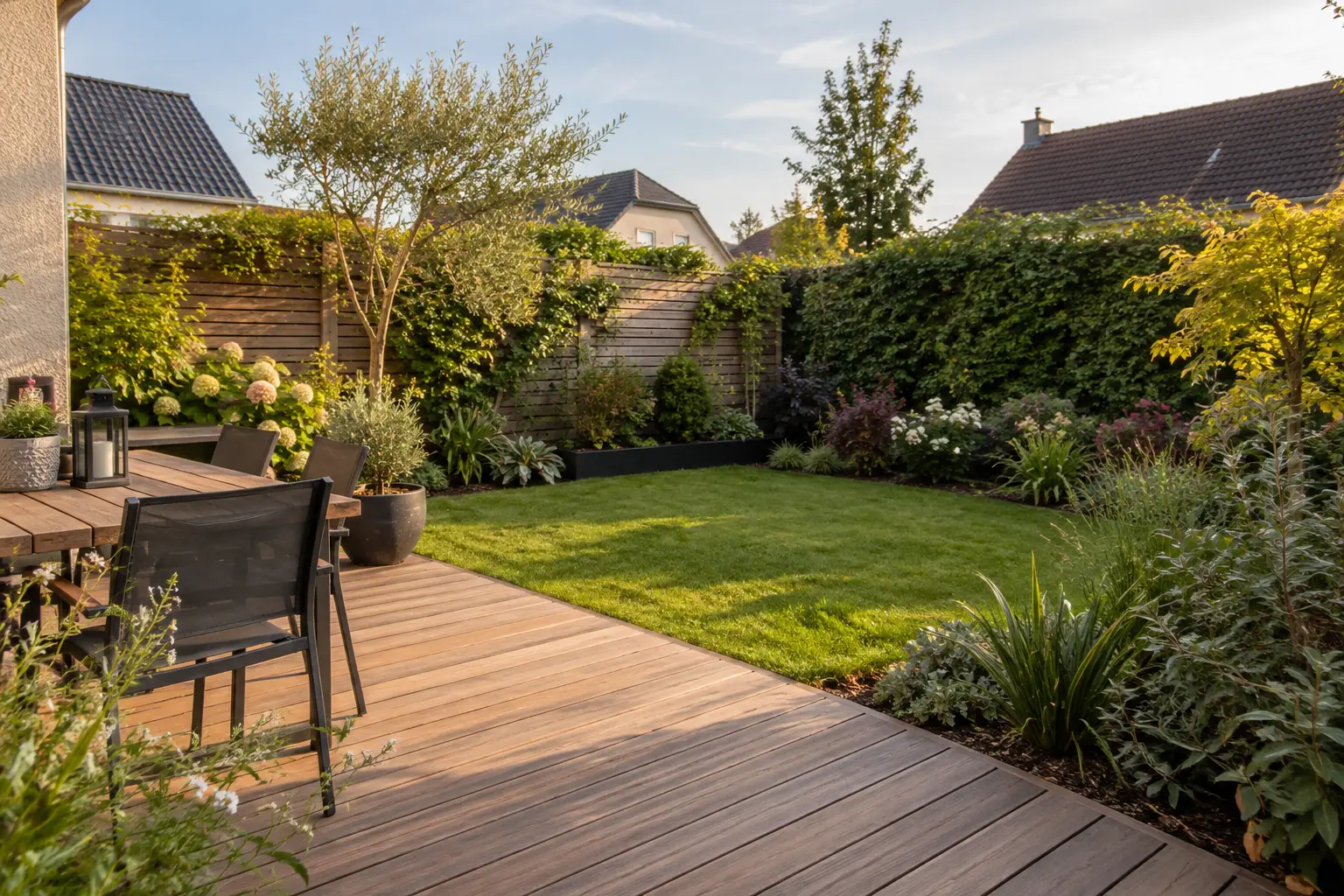 Petit jardin aménagé avec terrasse en bois et plantations