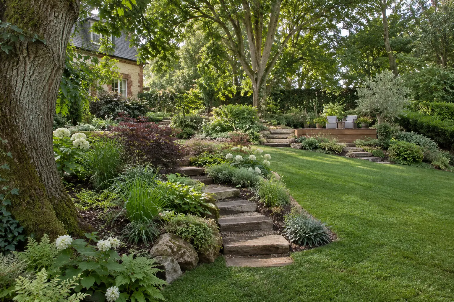 Jardin arboré restructuré avec massifs et cheminement