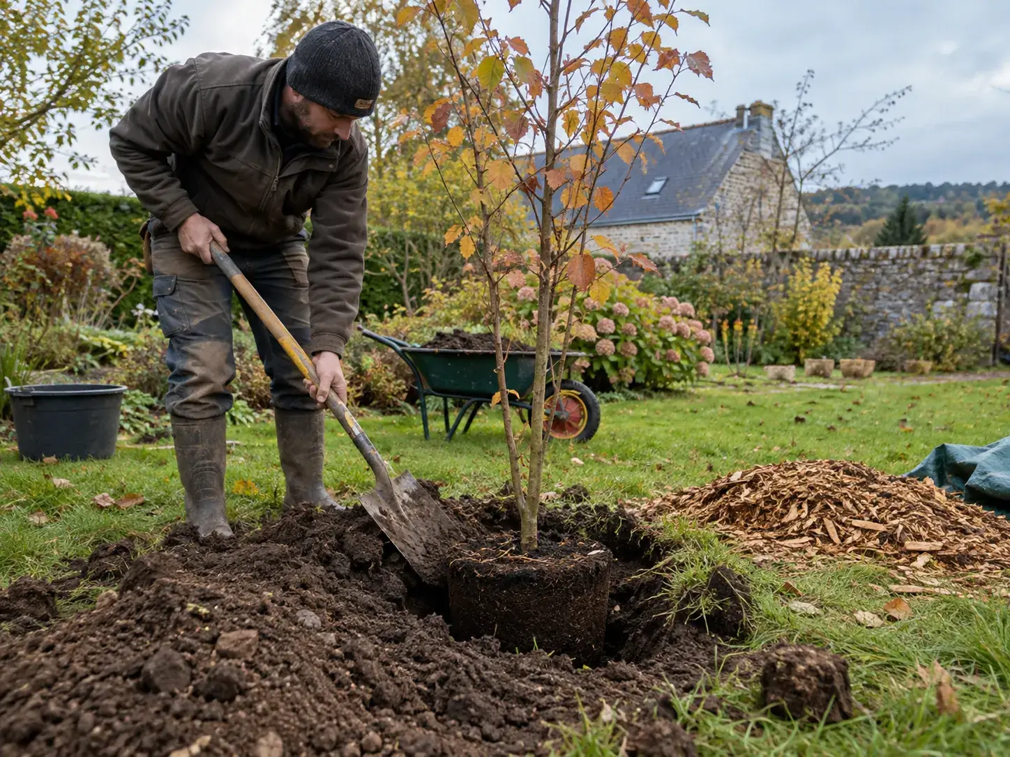 Plantation d’un jeune arbre en automne dans un jardin normand, avec préparation de la terre et paillage